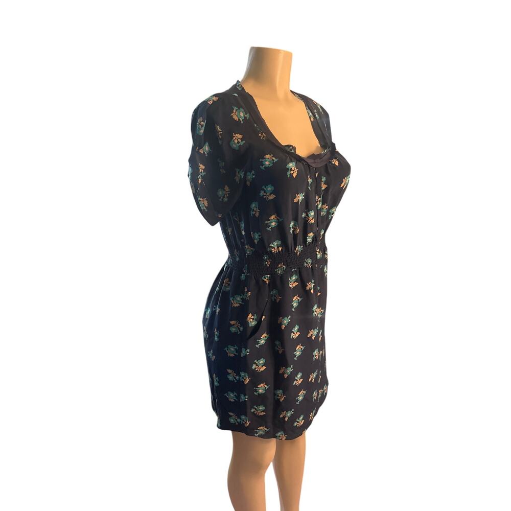 Women 8 M Rebecca Taylor Navy Floral Print 100% Silk Dress Short Sleeved